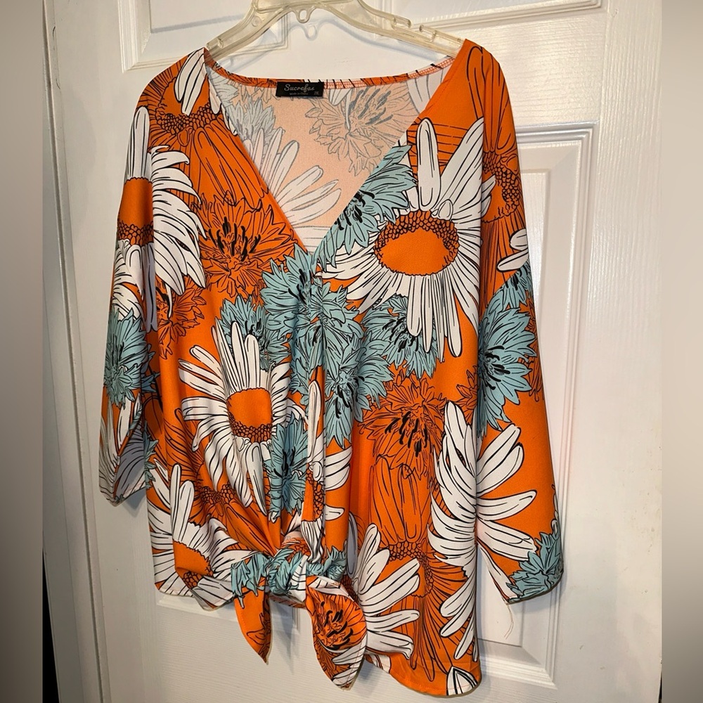 Sucrefas Women's 2XL Top Blouse Sunny Orange Floral V Neck Knot Hem